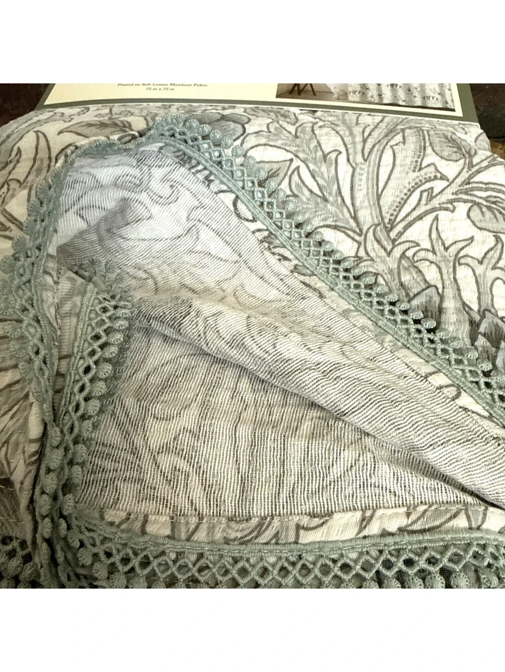 Morris & Co Artichoke Floral Teal Gray Cotton Matelasse Fabric Shower Curtain